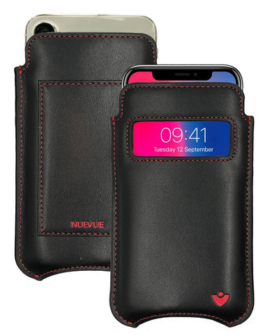 Apple iPhone 15 / 15 Pro Black/Red Leather Wallet Case with NueVue Patented Antimicrobial, Germ Fighting and Screen Cleaning Technology