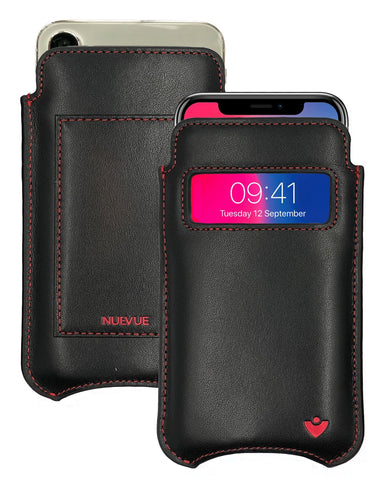 Apple iPhone 16 / 16 Pro Black/Red Leather Wallet Case with NueVue Patented Antimicrobial, Germ Fighting and Screen Cleaning Technology