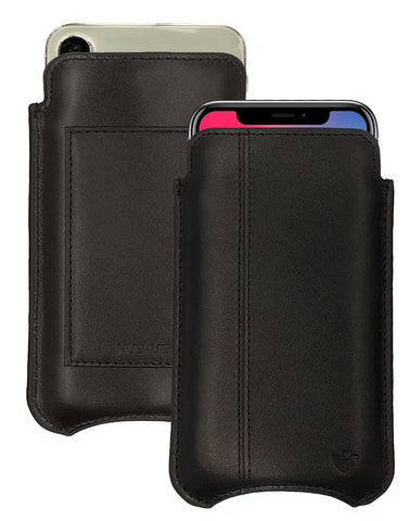 Apple iPhone 16 / 16 Pro Black/Red Leather Wallet Case with NueVue Patented Antimicrobial, Germ Fighting and Screen Cleaning Technology