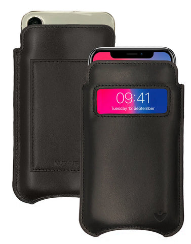 Apple iPhone 16 / 16 Pro Black Leather Wallet Case with NueVue Patented Antimicrobial, Germ Fighting and Screen Cleaning Technology
