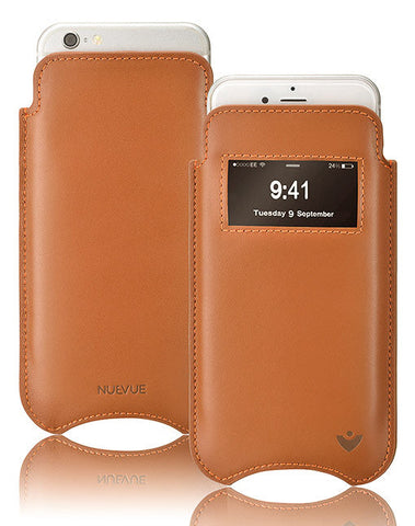 NueVue iPhone 13 mini case tan leather self cleaning case