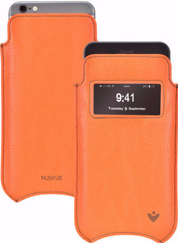 iPhone SE-2020 Case in Orange Vegan Leather | Screen Cleaning Sanitizing Lining | Smart Window.