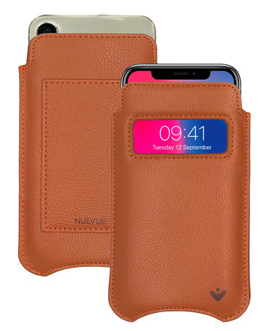 Apple iPhone 15 / 15 Pro Tan Faux Leather Wallet Case with NueVue Patented Antimicrobial, Germ Fighting and Screen Cleaning Technology