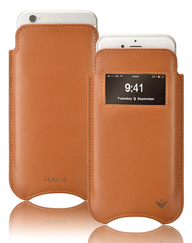 Apple iPhone 12 mini Sleeve Case | Saddle Brown Napa Leather | Screen Cleaning Sanitizing Lining | smart window