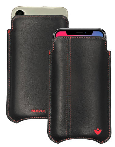 iPhone 14 / 14 Pro Black/Red Leather Case with NueVue Patented Antimicrobial, Germ Fighting and Screen Cleaning Technology