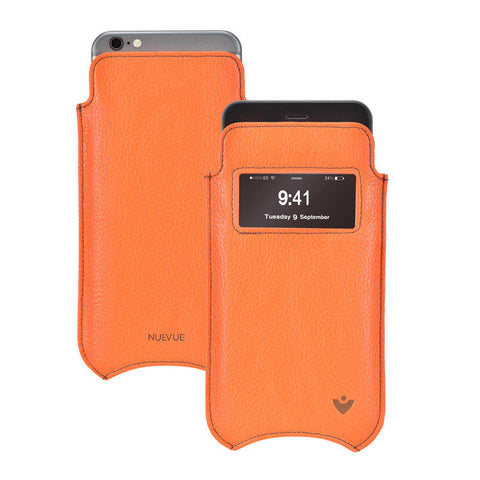 NueVue iPhone 13 mini case orange vegan leather self cleaning interior